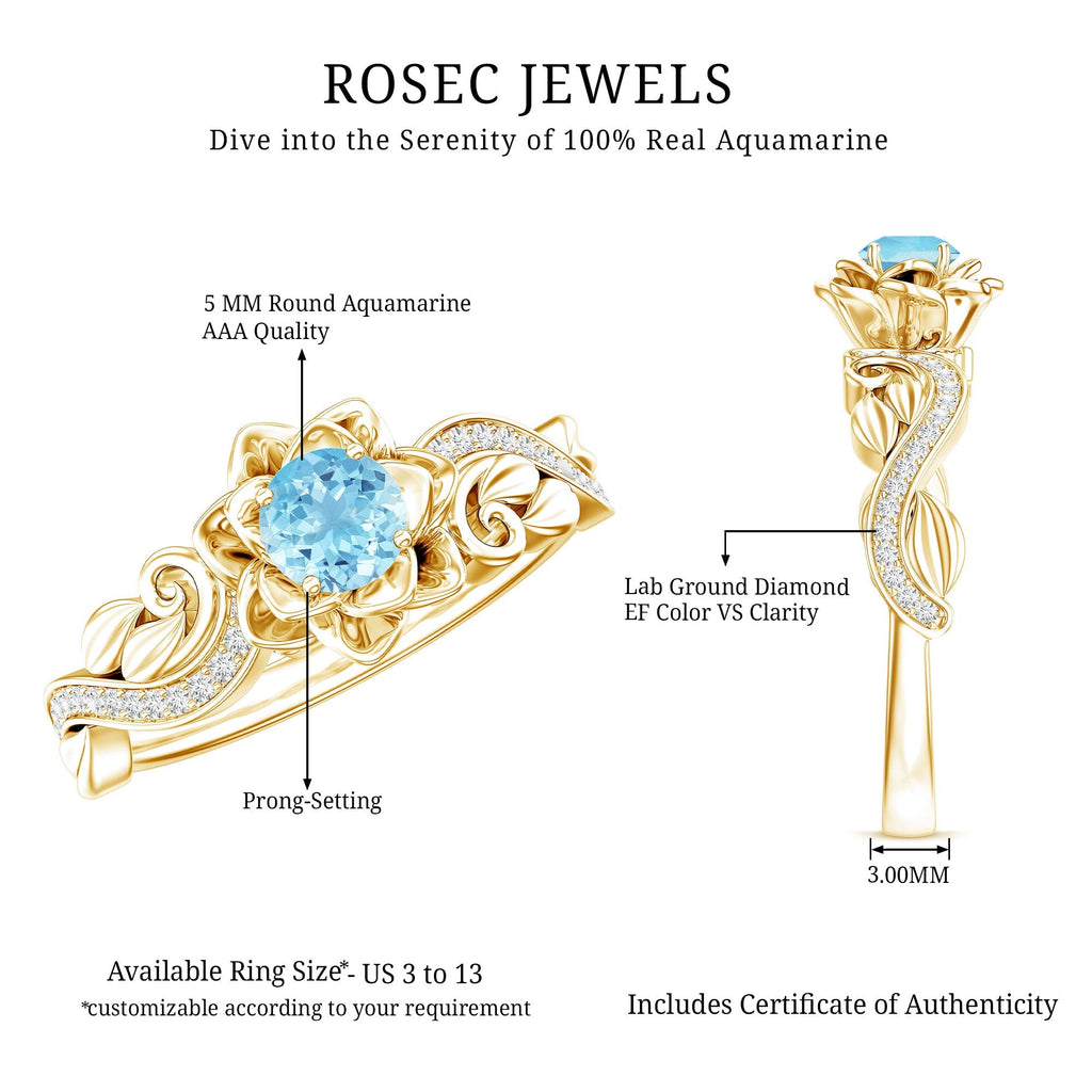 Aquamarine Engagement Ring – Flower Design with Lab Grown Diamonds | Gold Plated Silver