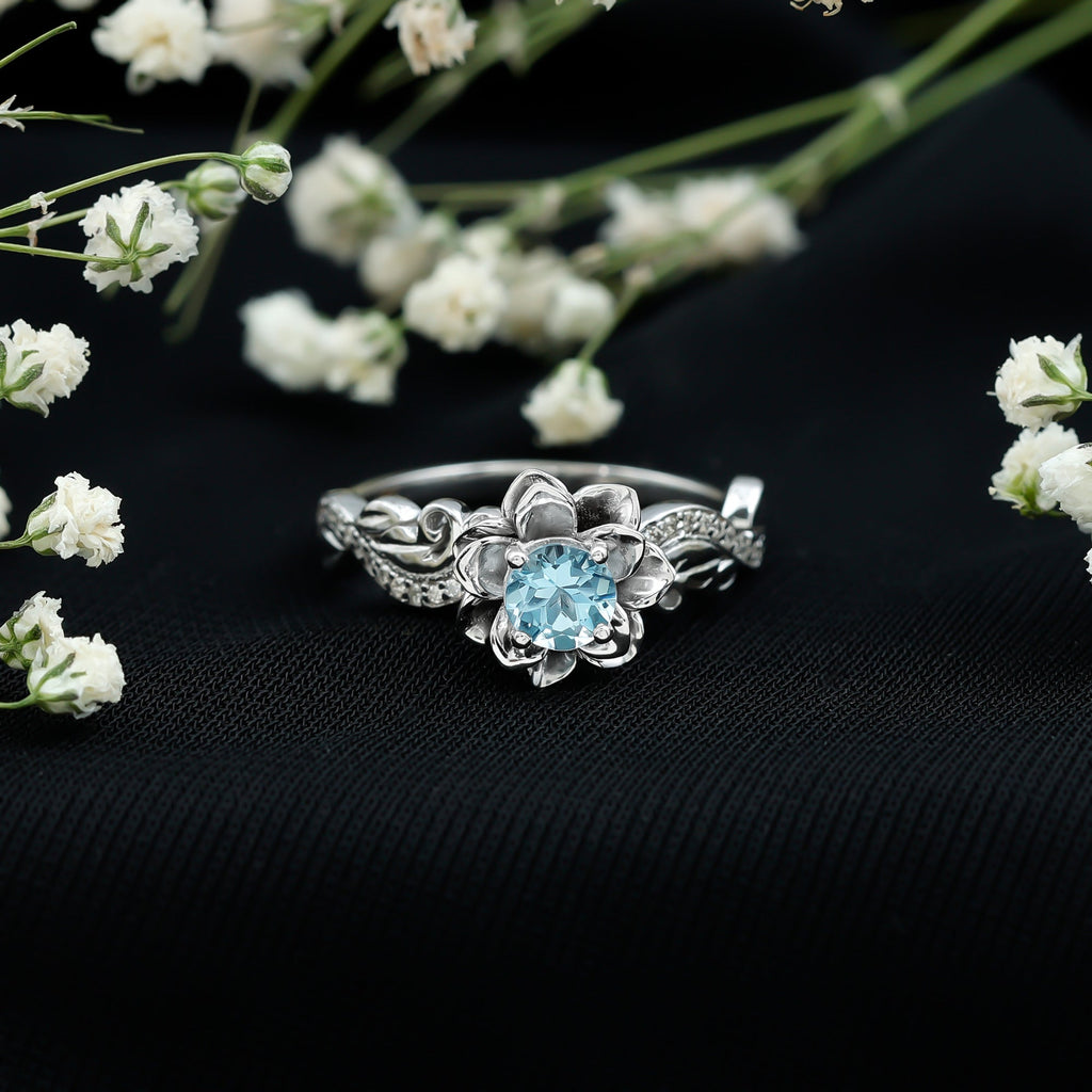 Aquamarine Engagement Ring – Flower Inspired Diamond Accent Blue Gemstone Ring