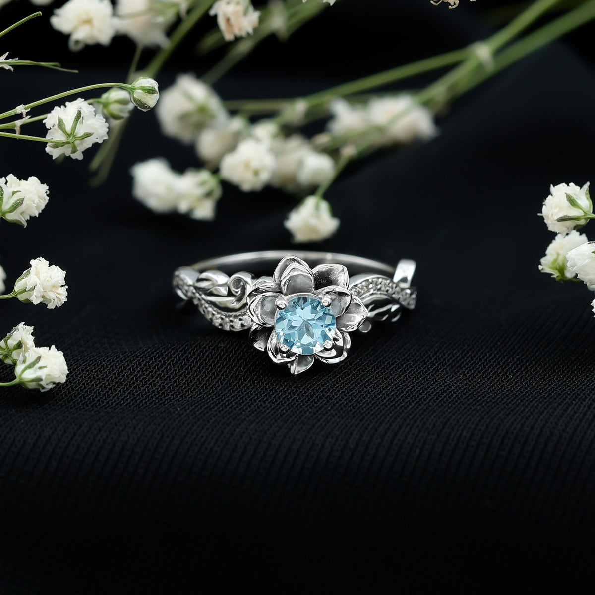 Aquamarine Engagement Ring – Flower Inspired Diamond Accent Blue Gemstone Ring