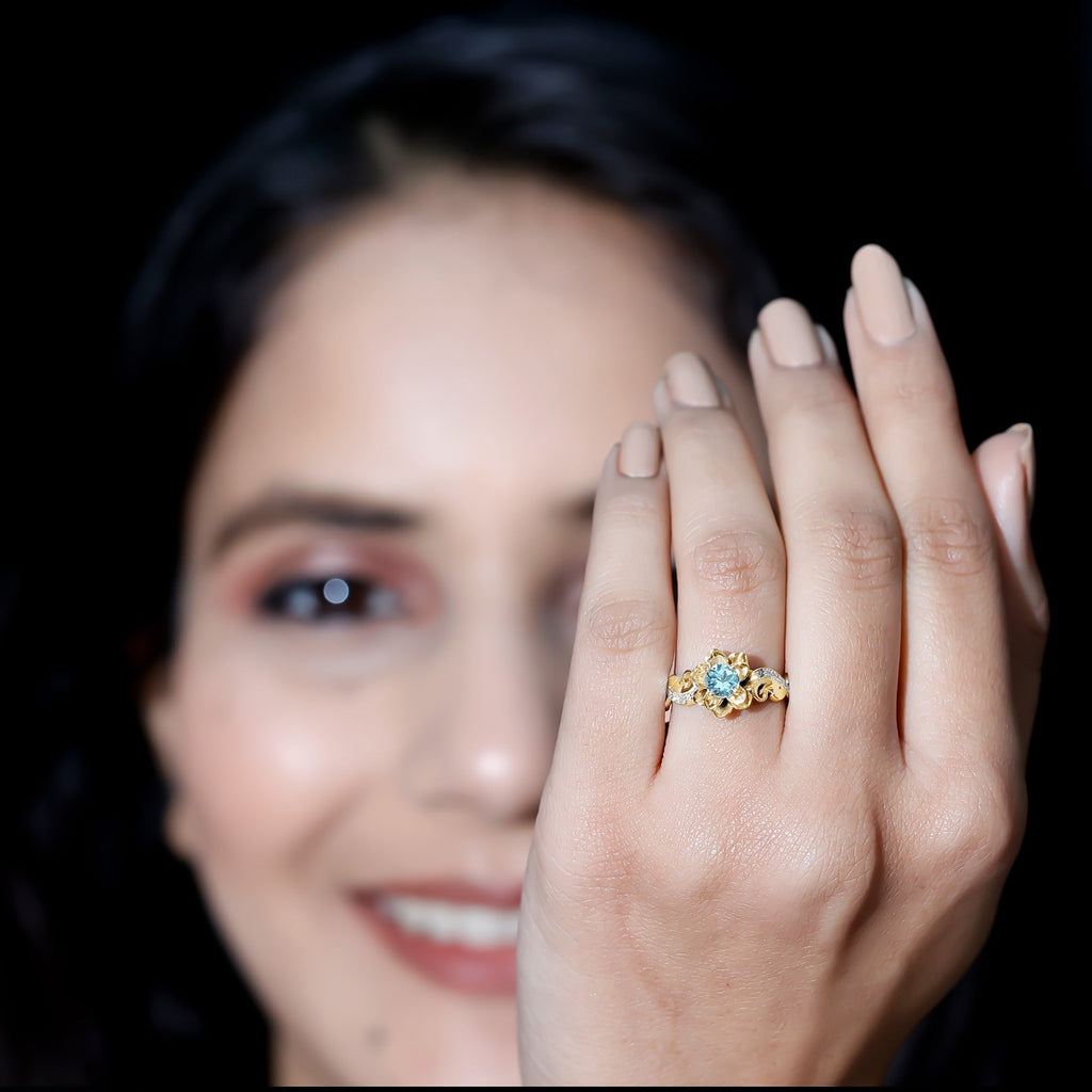 Aquamarine Engagement Ring – Flower Inspired Diamond Accent Blue Gemstone Ring