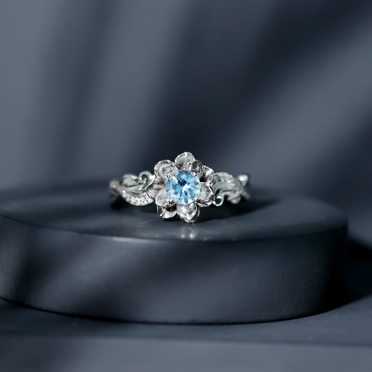 Aquamarine Engagement Ring – Flower Inspired Diamond Accent Blue Gemstone Ring