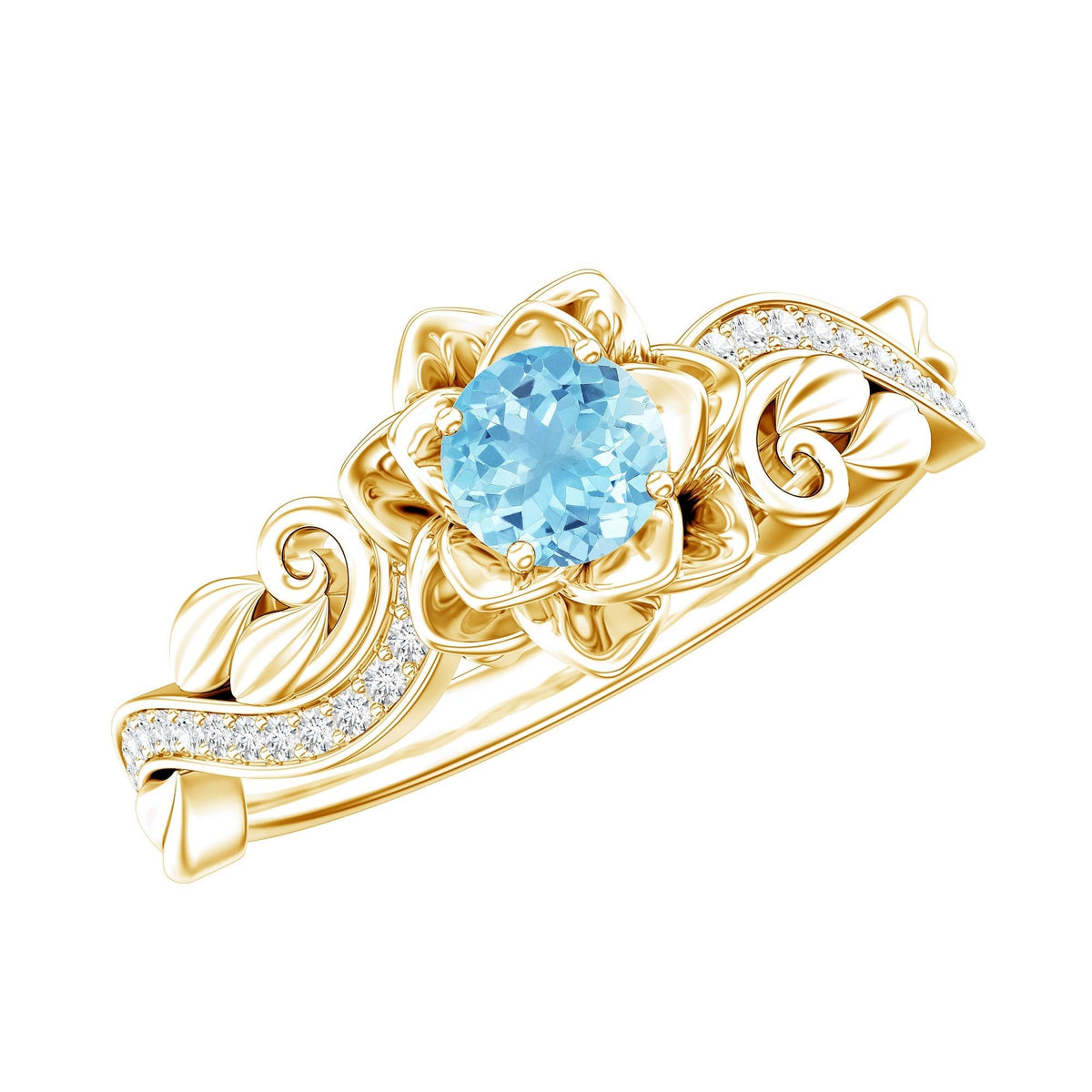 Aquamarine Engagement Ring – Flower Inspired Diamond Accent Blue Gemstone Ring