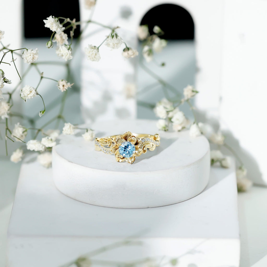 Aquamarine Engagement Ring – Flower Inspired Diamond Accent Blue Gemstone Ring