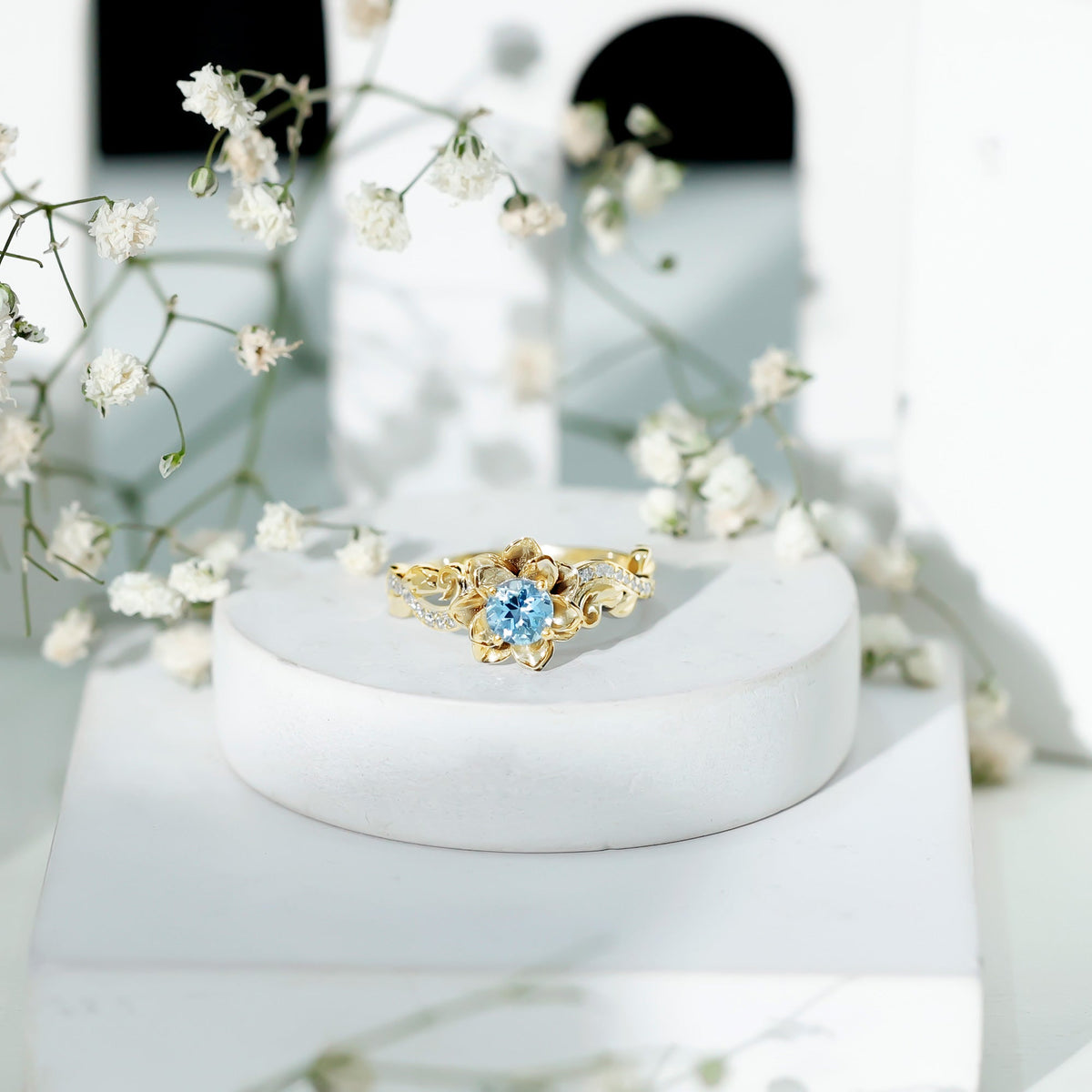 Aquamarine Engagement Ring – Flower Inspired Diamond Accent Blue Gemstone Ring