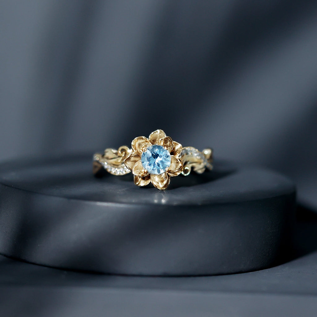 Aquamarine Engagement Ring – Flower Inspired Diamond Accent Blue Gemstone Ring