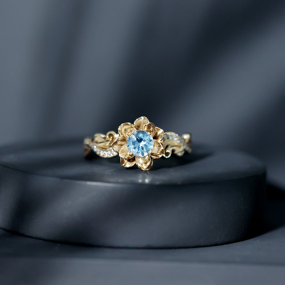 Aquamarine Engagement Ring – Flower Inspired Diamond Accent Blue Gemstone Ring