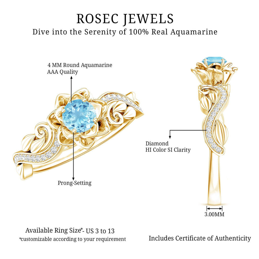 Aquamarine Engagement Ring – Flower Inspired Diamond Accent Blue Gemstone Ring