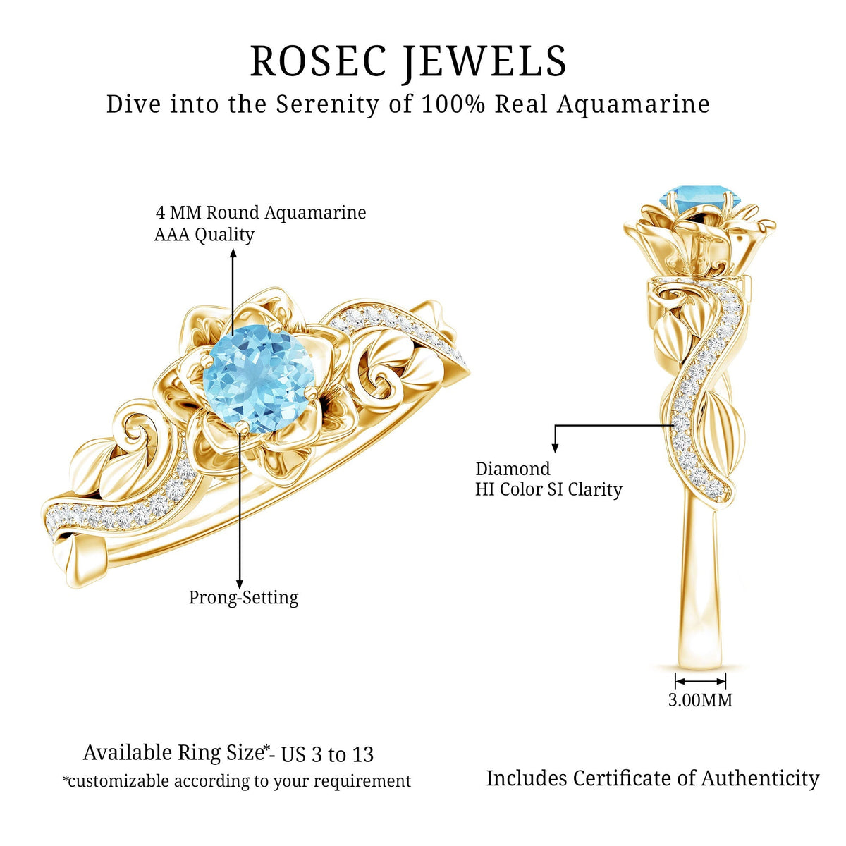 Aquamarine Engagement Ring – Flower Inspired Diamond Accent Blue Gemstone Ring