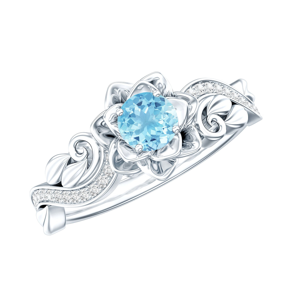 Aquamarine Engagement Ring – Flower Inspired Diamond Accent Blue Gemstone Ring