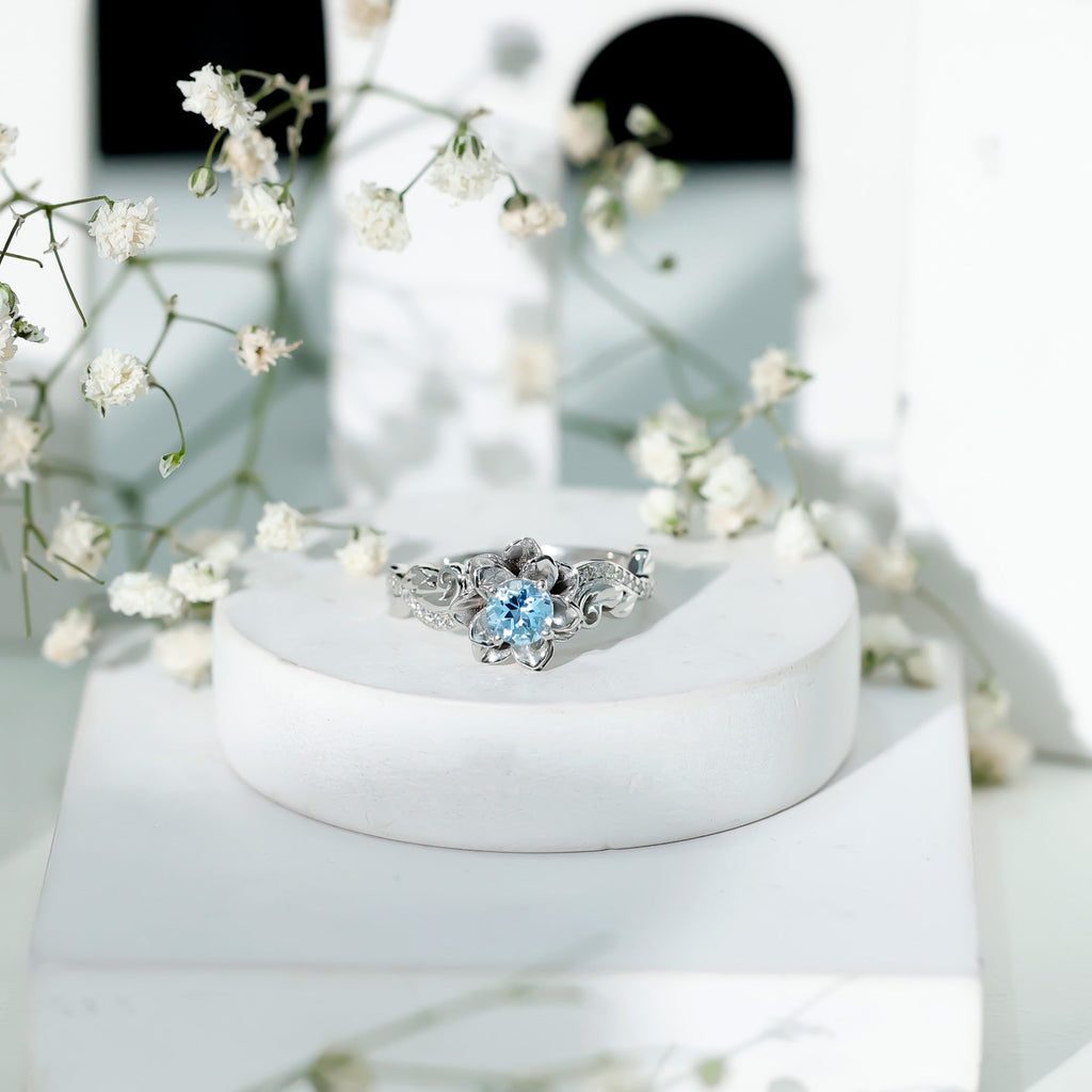Aquamarine Engagement Ring – Flower Inspired Diamond Accent Blue Gemstone Ring