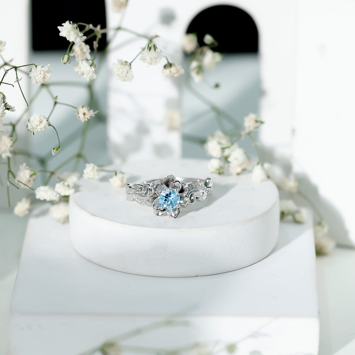 Aquamarine Engagement Ring – Flower Inspired Diamond Accent Blue Gemstone Ring
