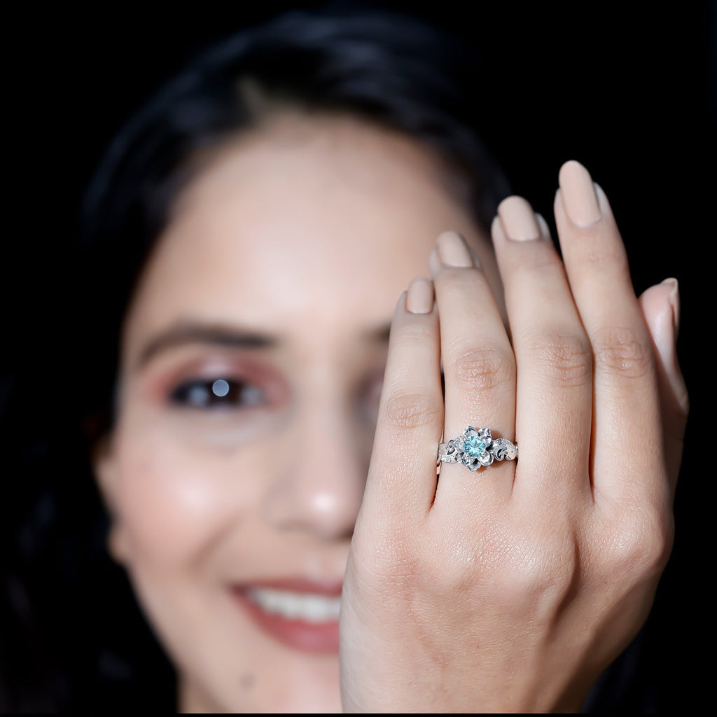 Aquamarine Engagement Ring – Flower Inspired Diamond Accent Blue Gemstone Ring