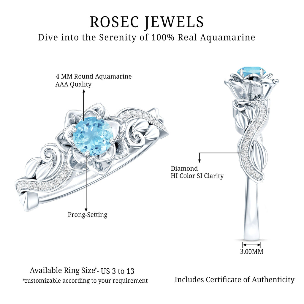 Aquamarine Engagement Ring – Flower Inspired Diamond Accent Blue Gemstone Ring