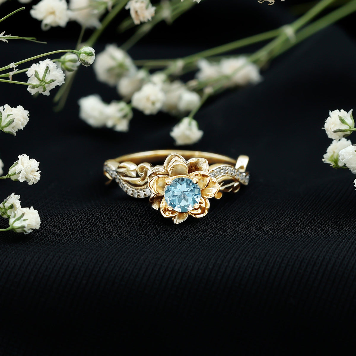 Aquamarine Engagement Ring – Flower Inspired Diamond Accent Blue Gemstone Ring