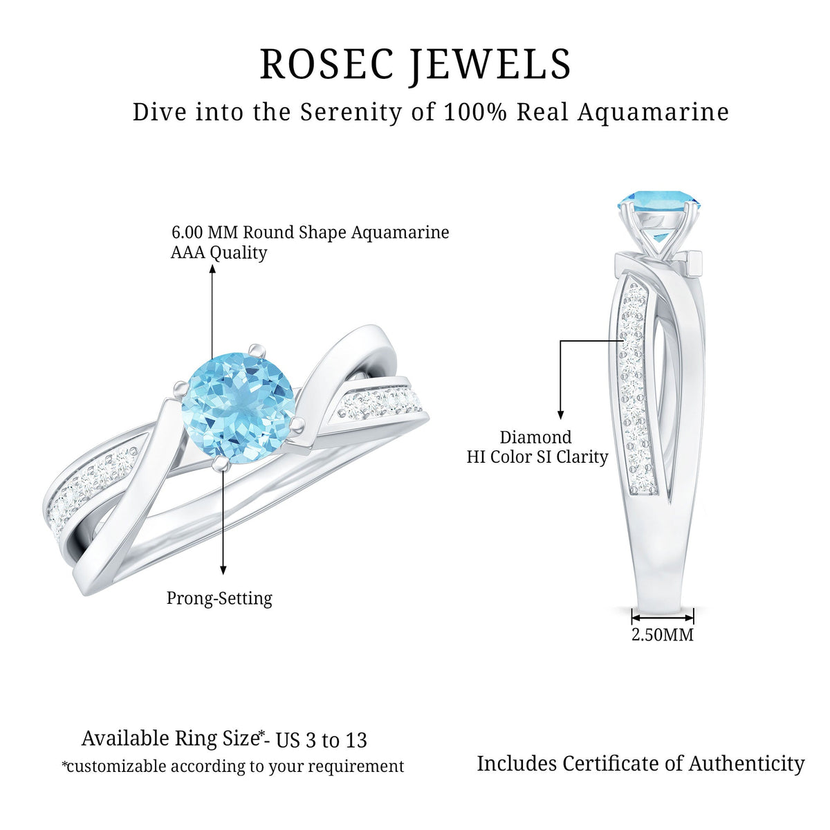 Aquamarine Engagement Ring – Natural AAA Quality Blue Gemstone Infinity Band