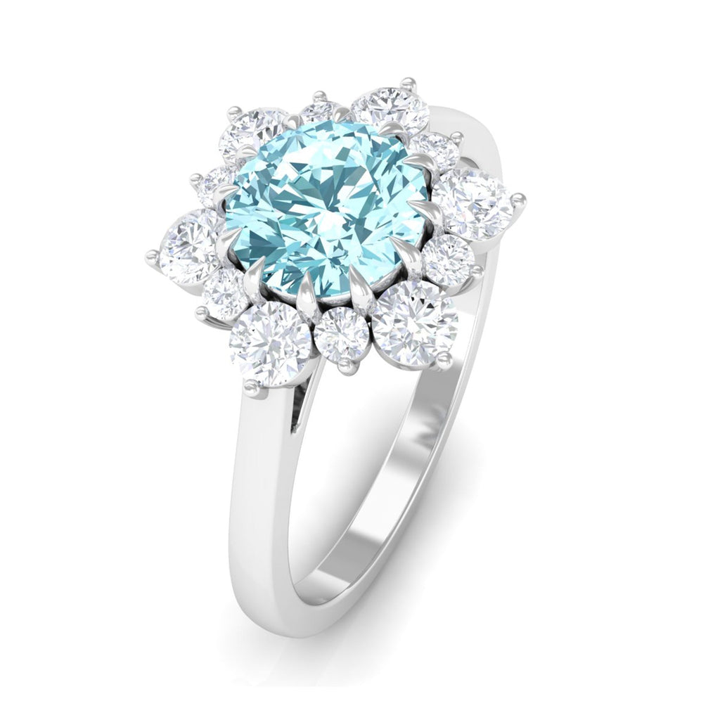 Aquamarine Engagement Ring – Natural Blue Gemstone with Diamond Halo Design