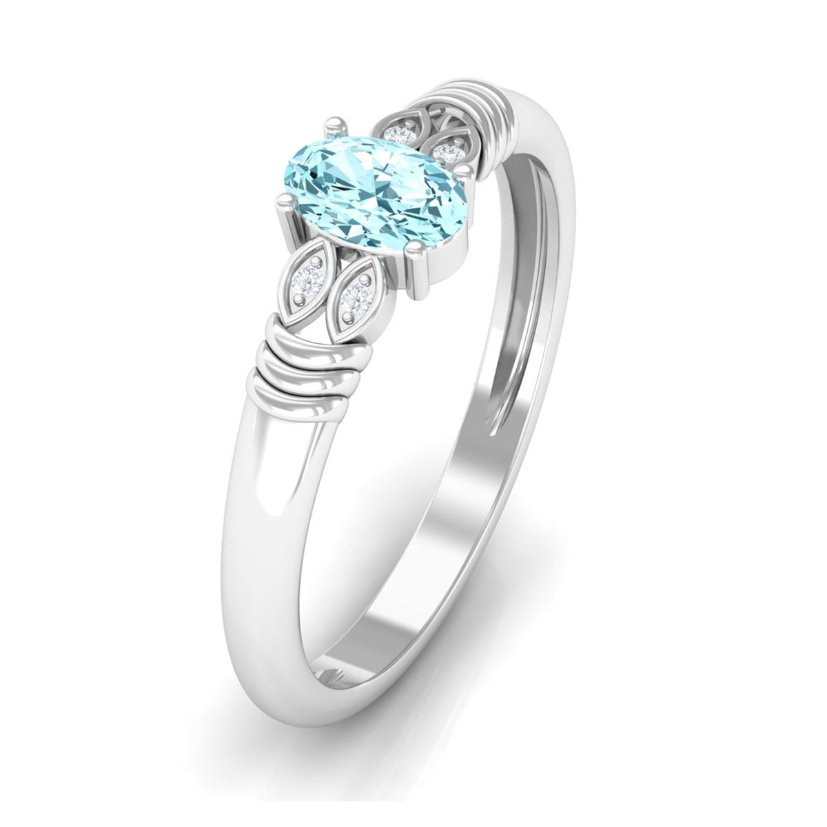 Aquamarine Engagement Ring – Oval AAA Quality Blue Gemstone With Diamond Side Stones