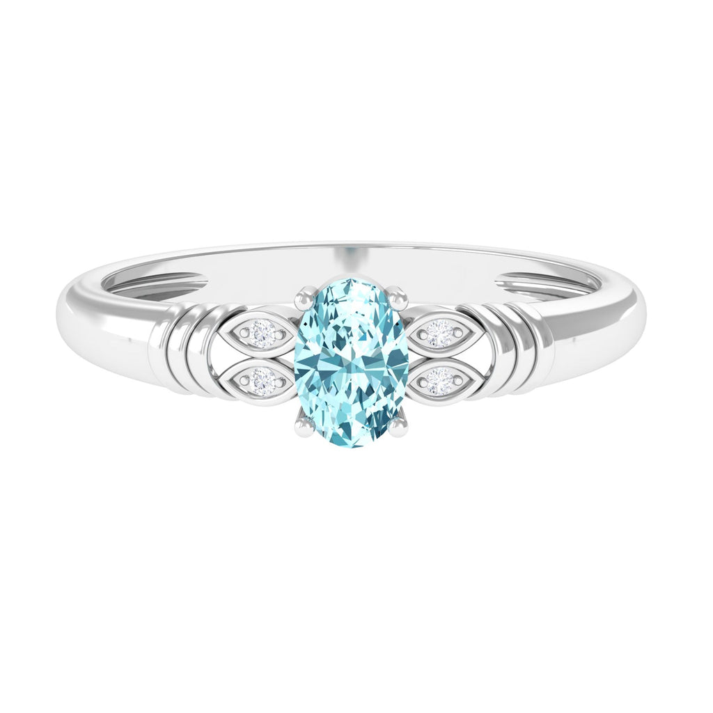 Aquamarine Engagement Ring – Oval AAA Quality Blue Gemstone With Diamond Side Stones