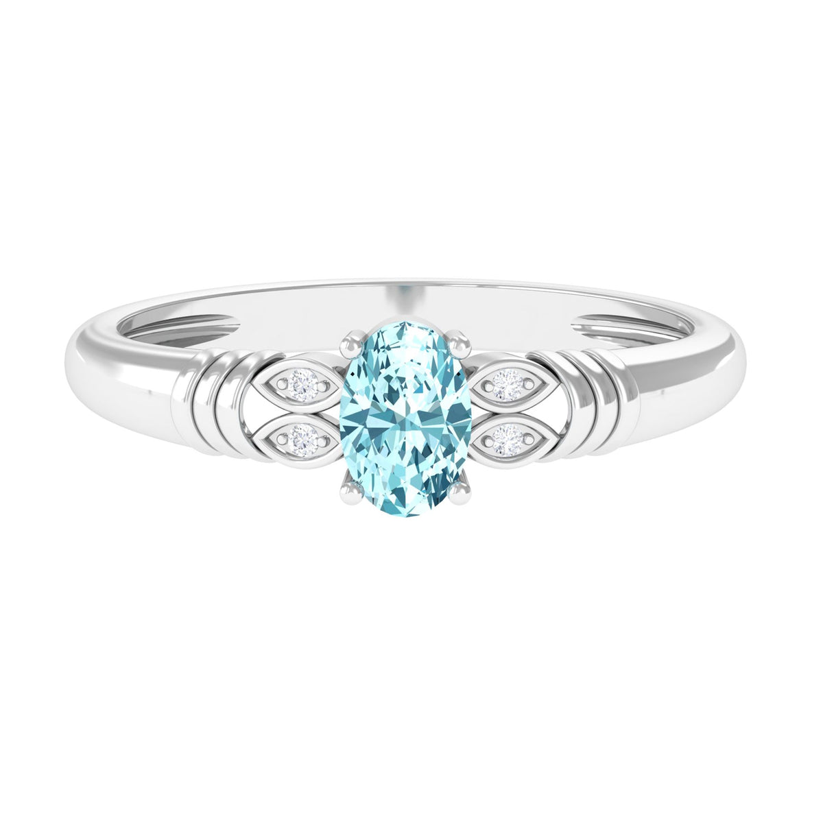 Aquamarine Engagement Ring – Oval AAA Quality Blue Gemstone With Diamond Side Stones