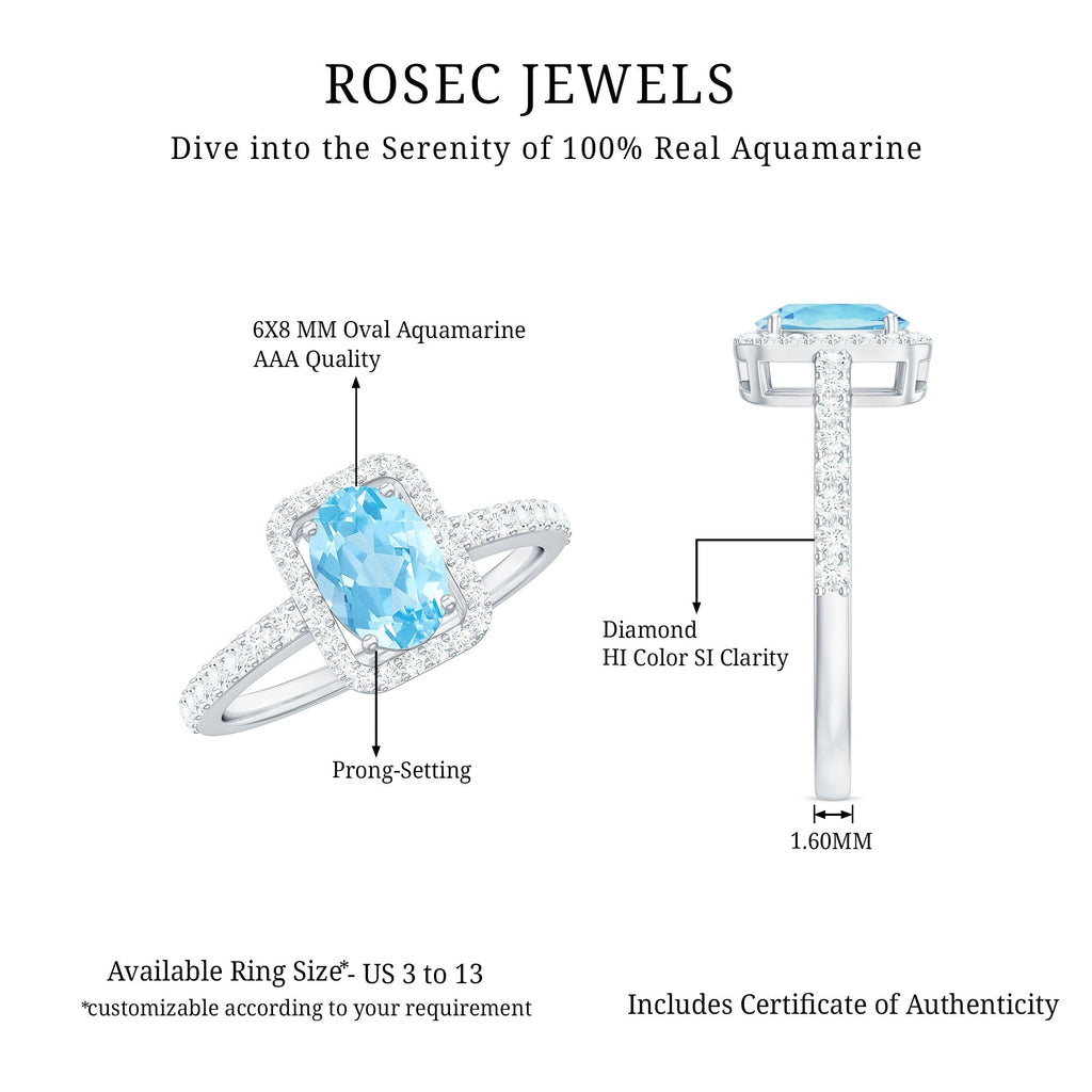 Aquamarine Engagement Ring – Oval Aquamarine Diamond Halo Ring | Prong Setting