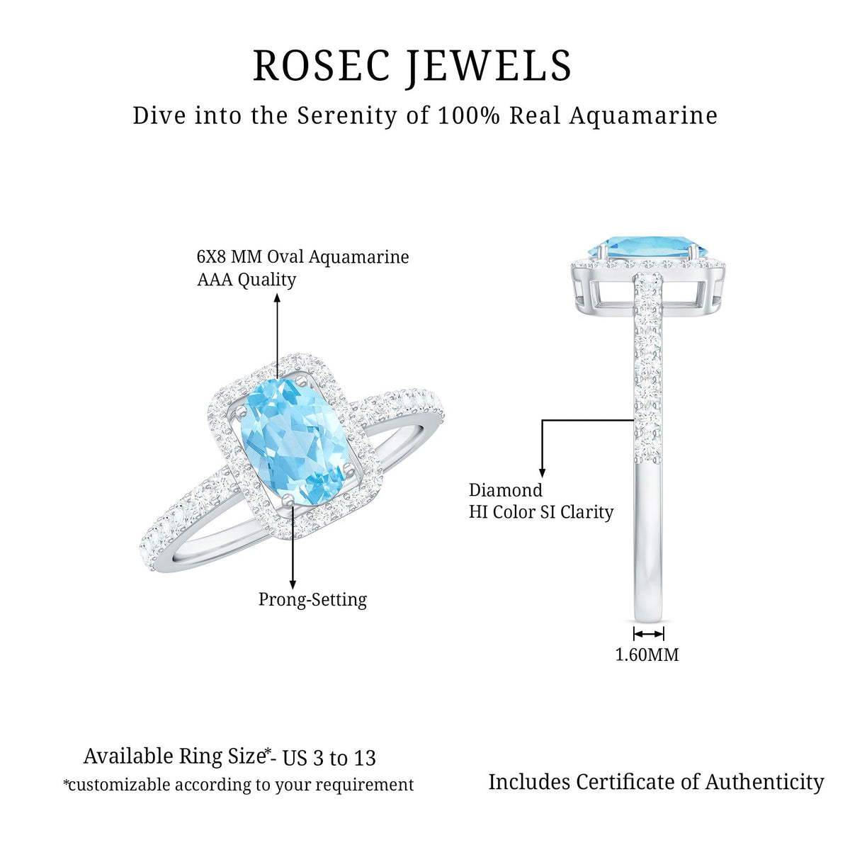 Aquamarine Engagement Ring – Oval Aquamarine Diamond Halo Ring | Prong Setting