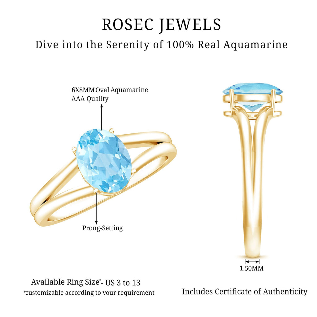 Aquamarine Engagement Ring – Oval Blue Gemstone Solitaire Split Shank Band