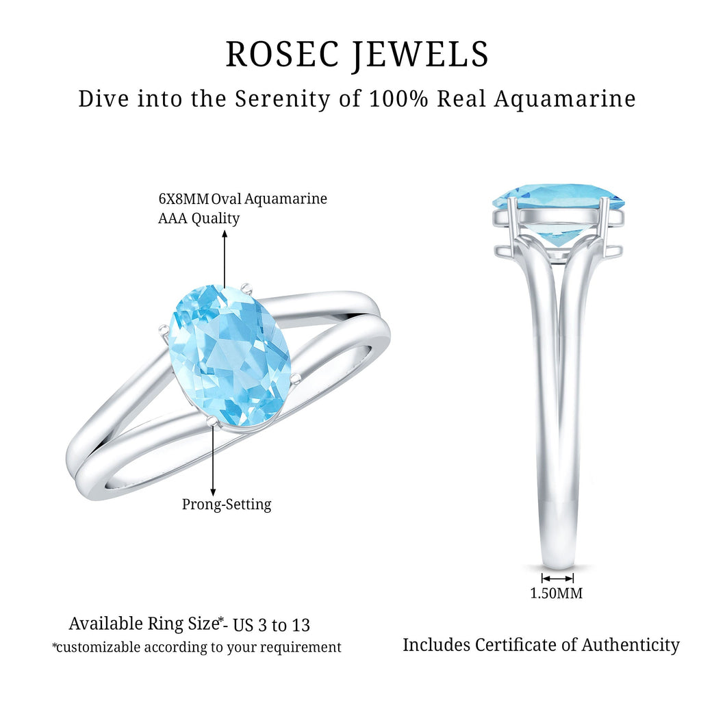 Aquamarine Engagement Ring – Oval Blue Gemstone Solitaire Split Shank Band