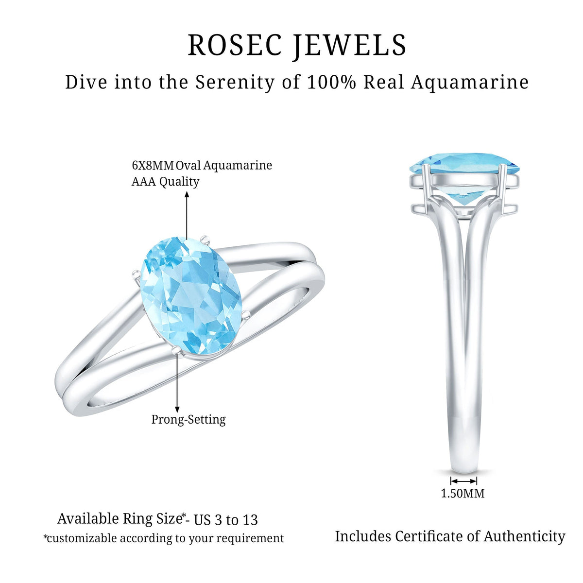 Aquamarine Engagement Ring – Oval Blue Gemstone Solitaire Split Shank Band