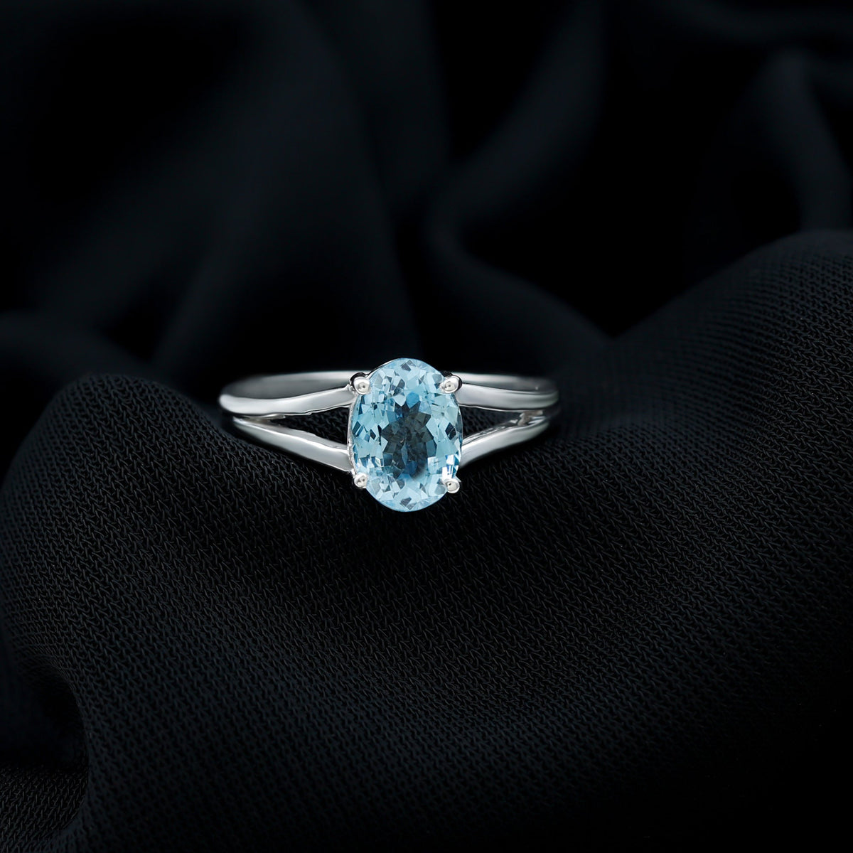 Aquamarine Engagement Ring – Oval Blue Gemstone Solitaire Split Shank Band