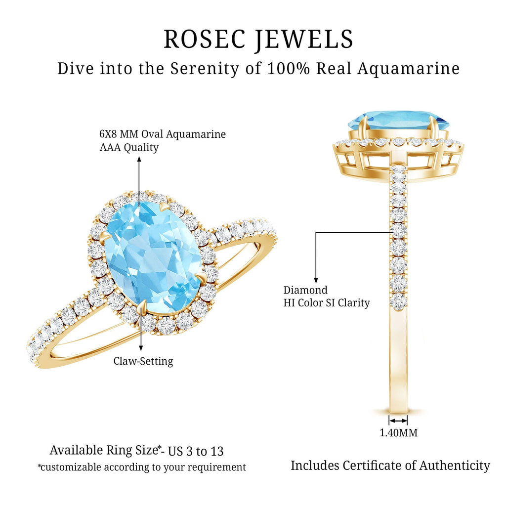 Aquamarine Engagement Ring – Oval Diamond Halo Ring with Claw Setting by Rosec Jewels