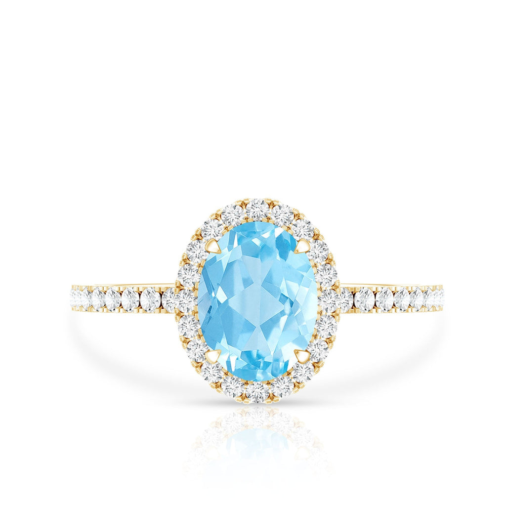 Aquamarine Engagement Ring – Oval Diamond Halo Ring with Claw Setting by Rosec Jewels