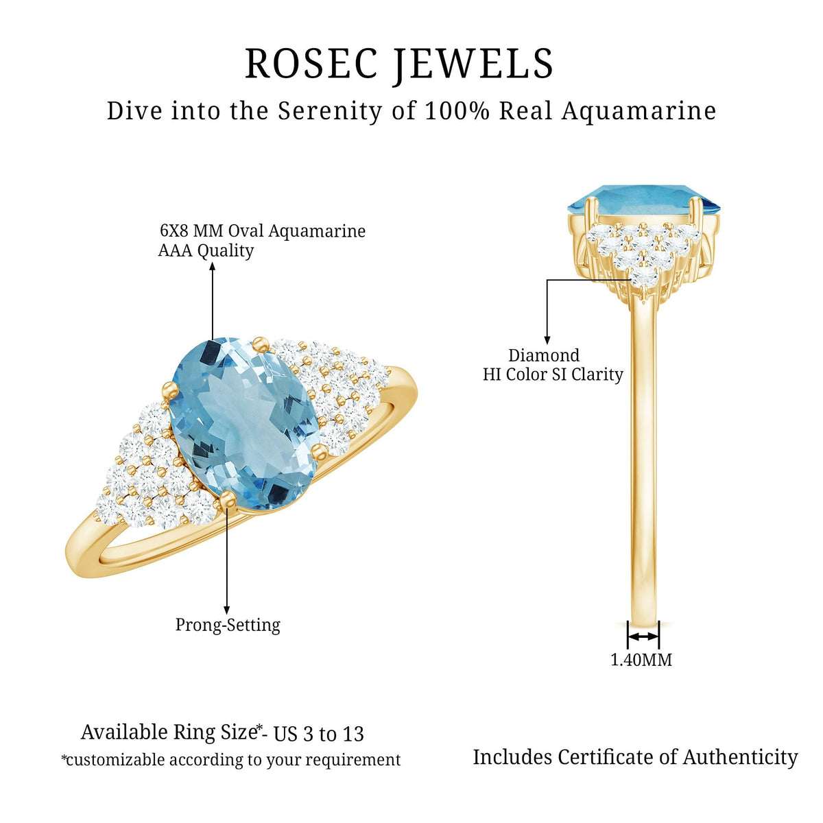 Aquamarine Engagement Ring – Oval Solitaire 1 Carat Aquamarine Diamond Cluster Band