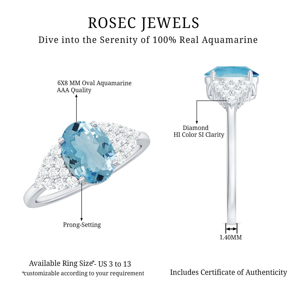 Aquamarine Engagement Ring – Oval Solitaire 1 Carat Aquamarine Diamond Cluster Band