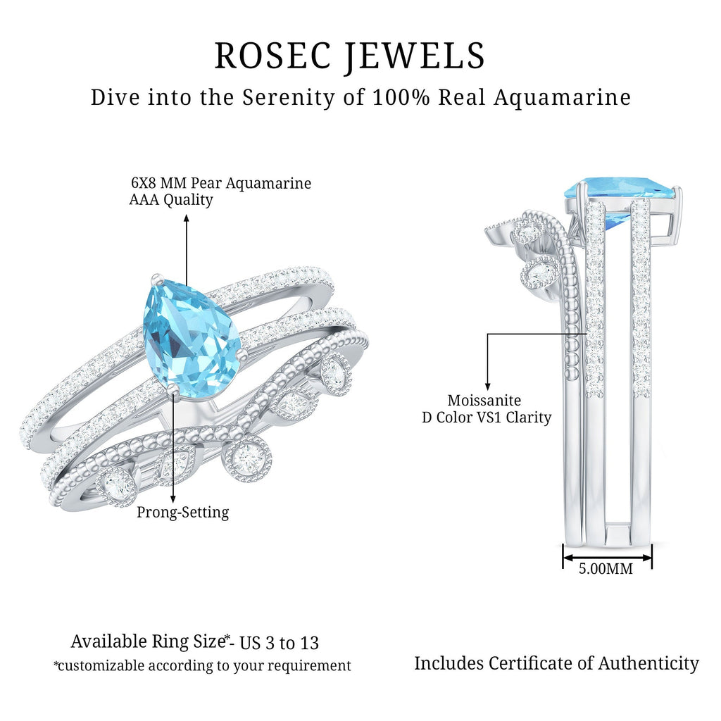 Aquamarine Engagement Ring – Pear Cut Aquamarine Teardrop Ring Set with Lab Grown Diamonds