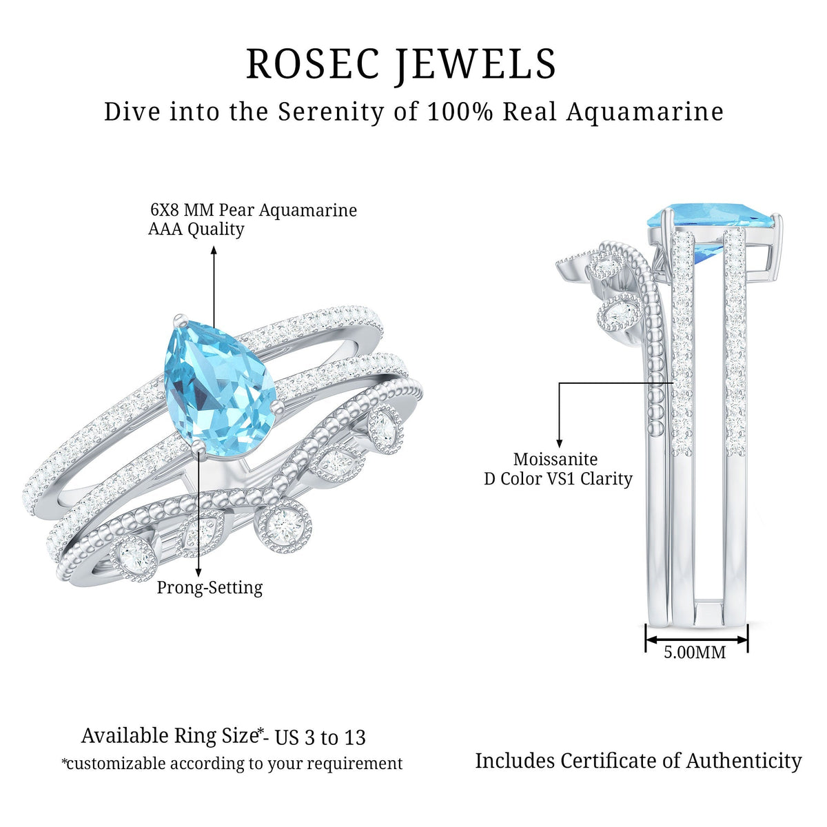 Aquamarine Engagement Ring – Pear Cut Aquamarine Teardrop Ring Set with Lab Grown Diamonds
