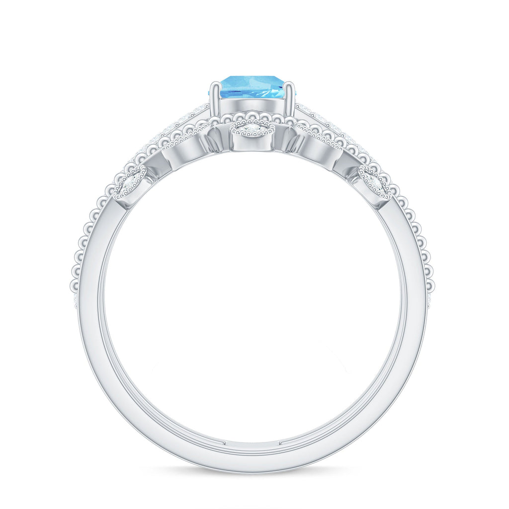 Aquamarine Engagement Ring – Pear Cut Aquamarine Teardrop Ring Set with Lab Grown Diamonds