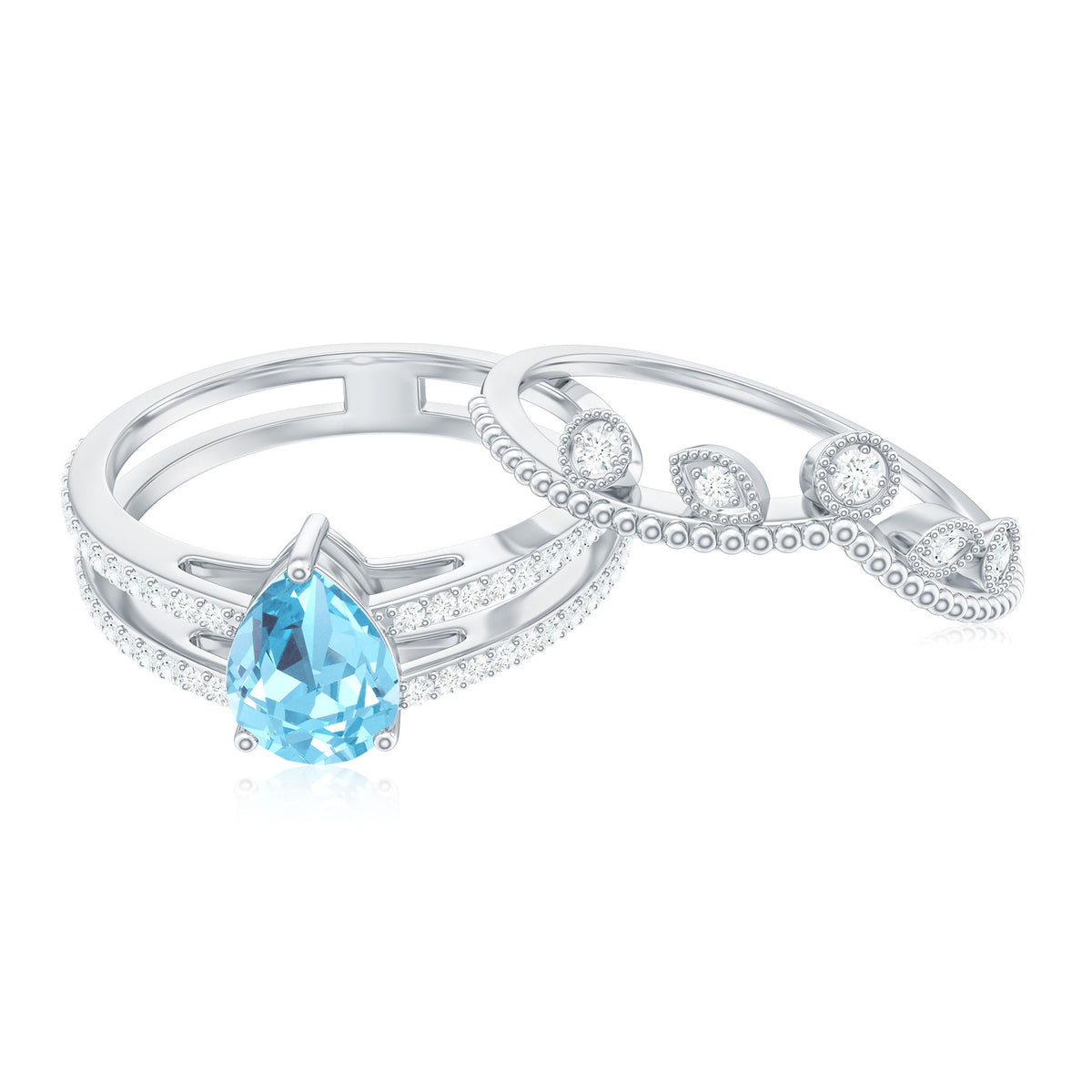 Aquamarine Engagement Ring – Pear Cut Aquamarine Teardrop Ring Set with Lab Grown Diamonds