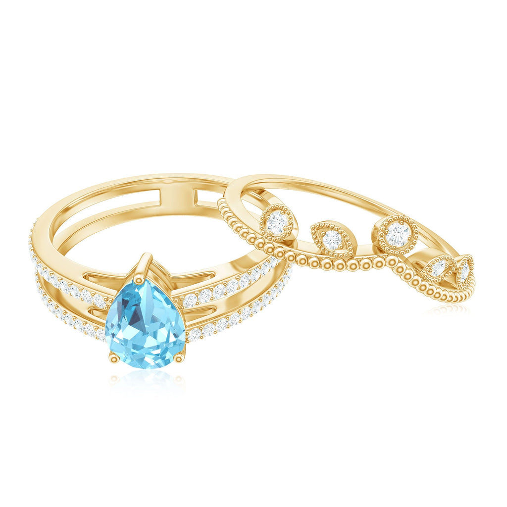 Aquamarine Engagement Ring – Pear Cut Aquamarine Teardrop Ring Set with Lab Grown Diamonds