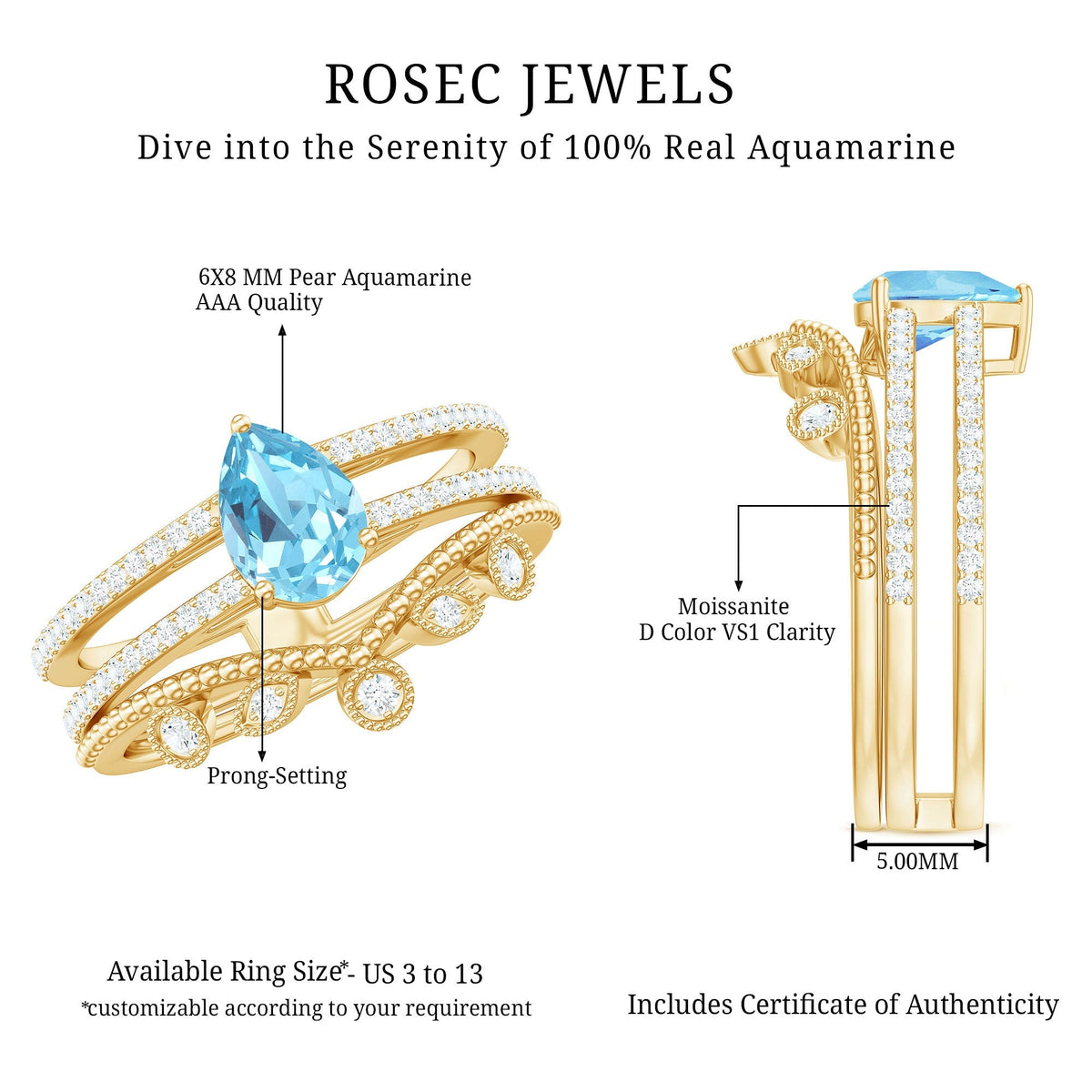 Aquamarine Engagement Ring – Pear Cut Aquamarine Teardrop Ring Set with Lab Grown Diamonds