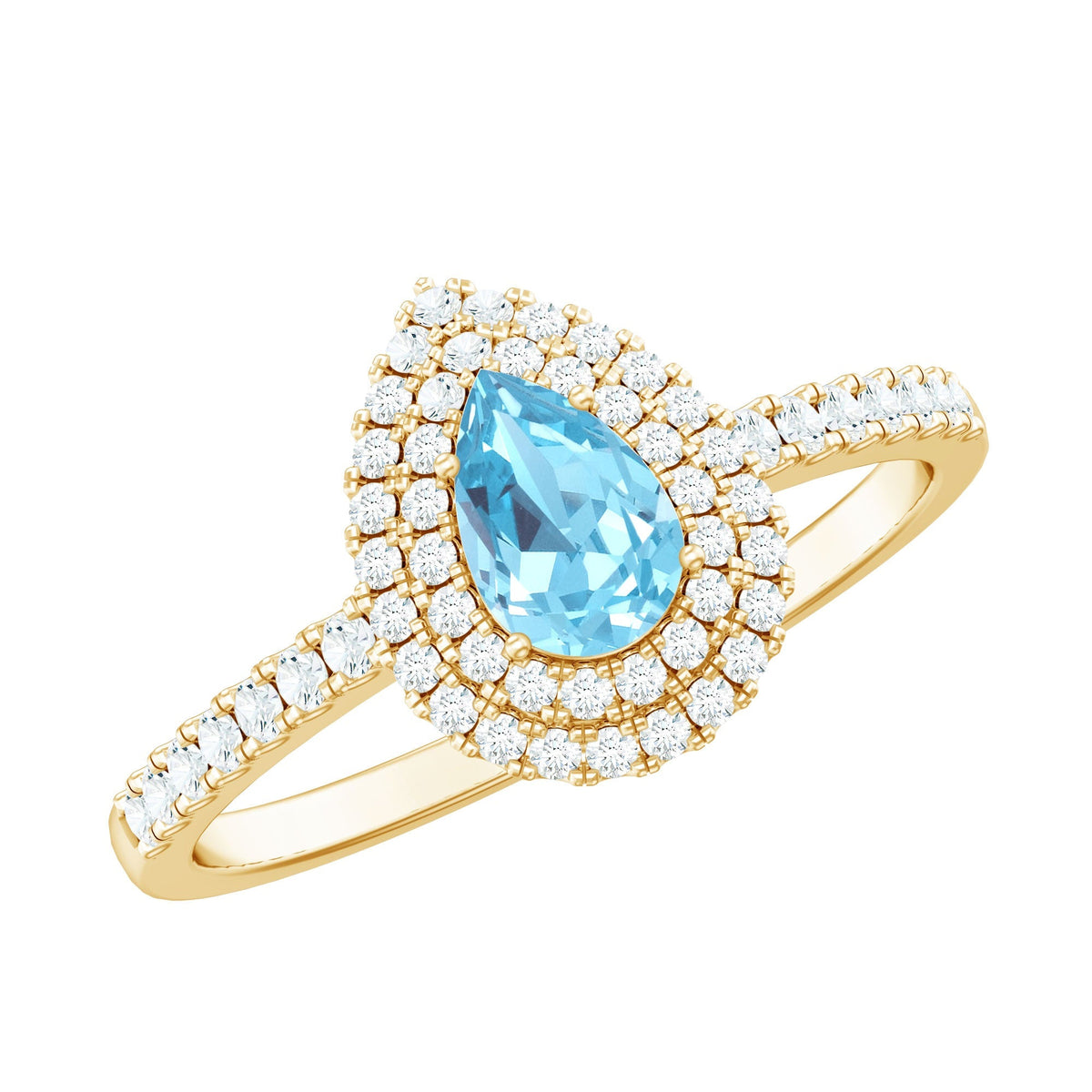 Aquamarine Engagement Ring – Pear Cut Aquamarine with Double Halo Diamond Design