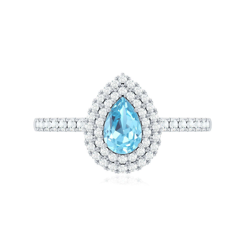 Aquamarine Engagement Ring – Pear Cut Aquamarine with Double Halo Diamond Design