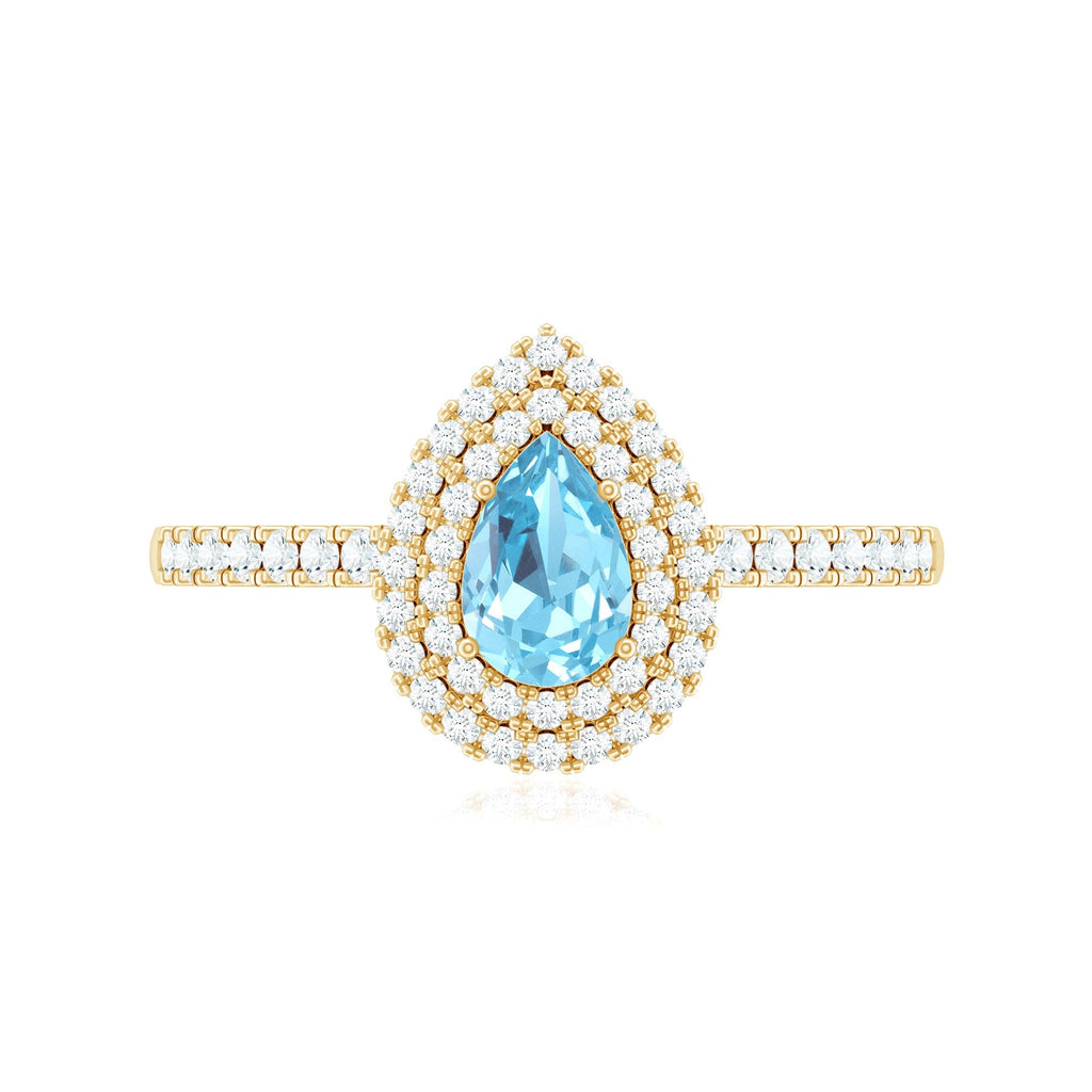 Aquamarine Engagement Ring – Pear Cut Aquamarine with Double Halo Diamond Design