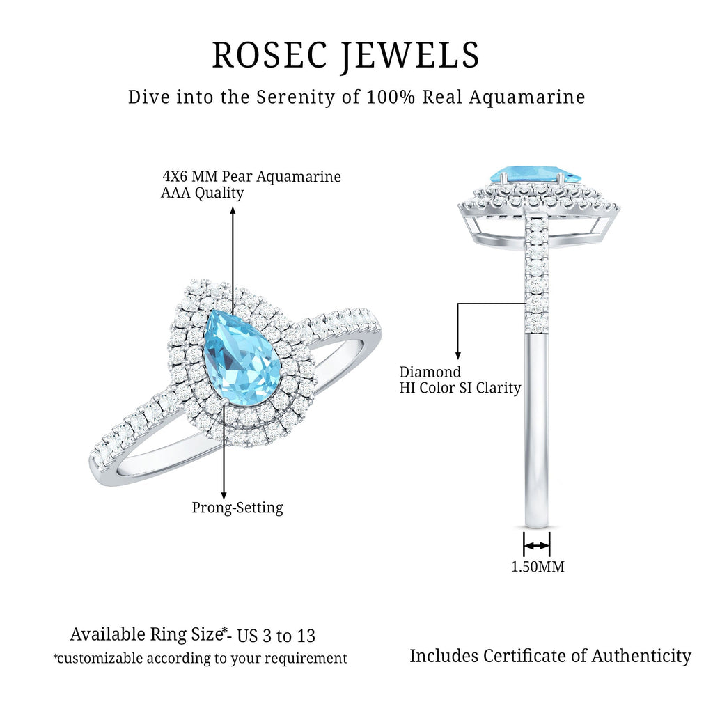 Aquamarine Engagement Ring – Pear Cut Aquamarine with Double Halo Diamond Design