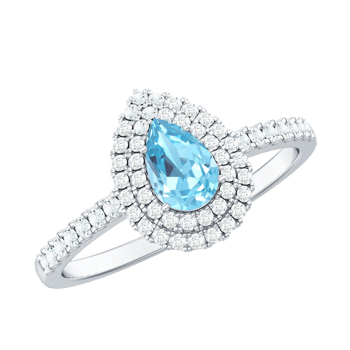Aquamarine Engagement Ring – Pear Cut Aquamarine with Double Halo Diamond Design
