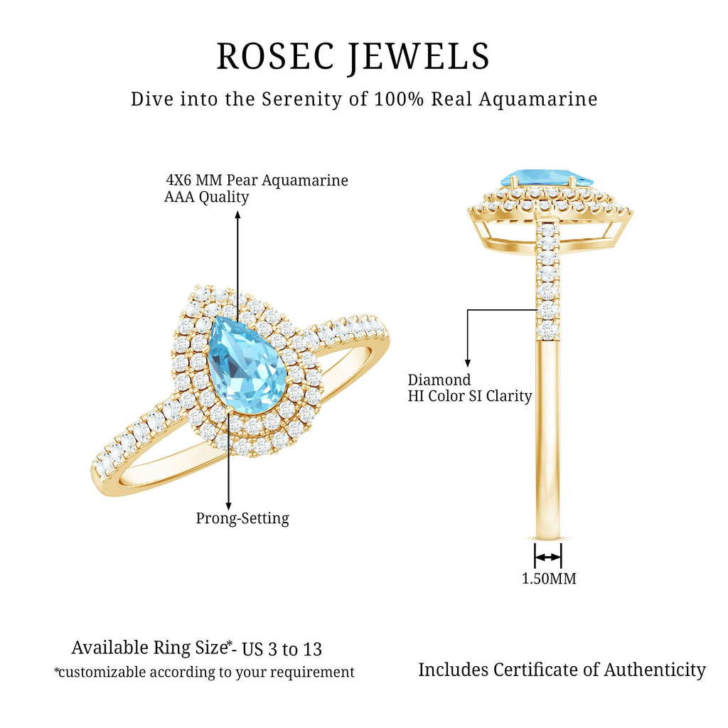 Aquamarine Engagement Ring – Pear Cut Aquamarine with Double Halo Diamond Design