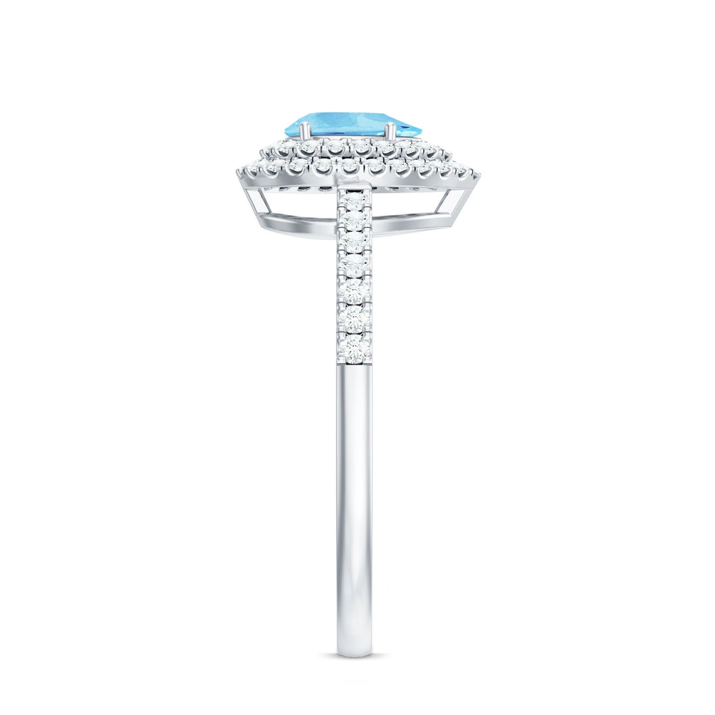 Aquamarine Engagement Ring – Pear Cut Aquamarine with Double Halo Diamond Design