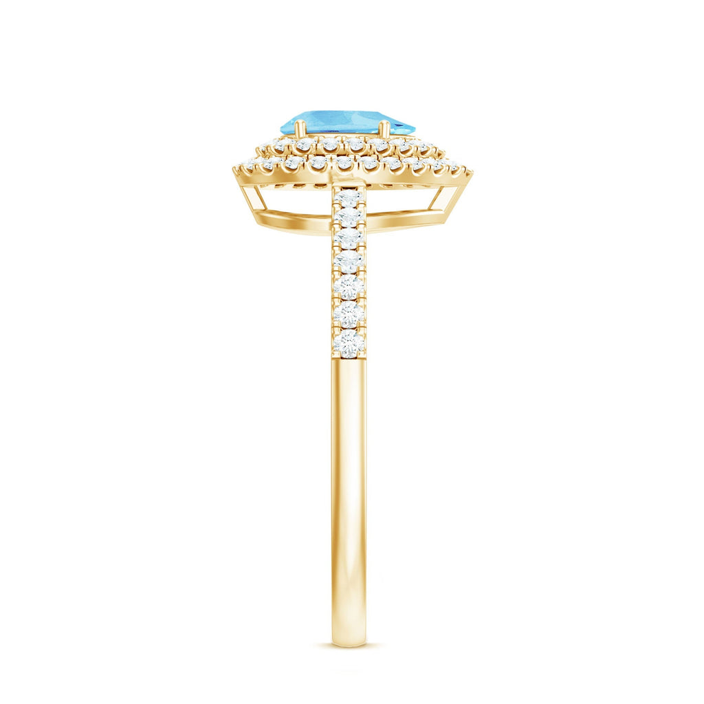 Aquamarine Engagement Ring – Pear Cut Aquamarine with Double Halo Diamond Design