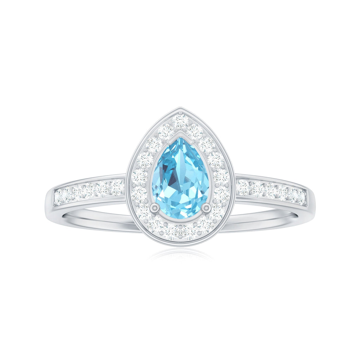 Aquamarine Engagement Ring – Pear Shape Blue Gemstone with Diamond Halo Setting