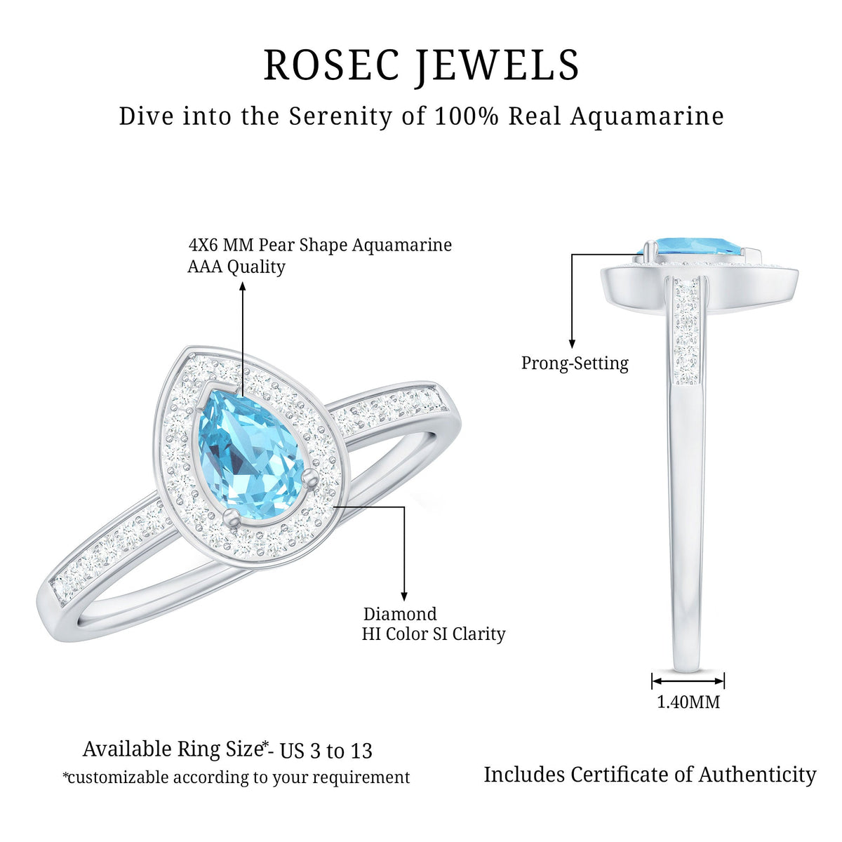 Aquamarine Engagement Ring – Pear Shape Blue Gemstone with Diamond Halo Setting