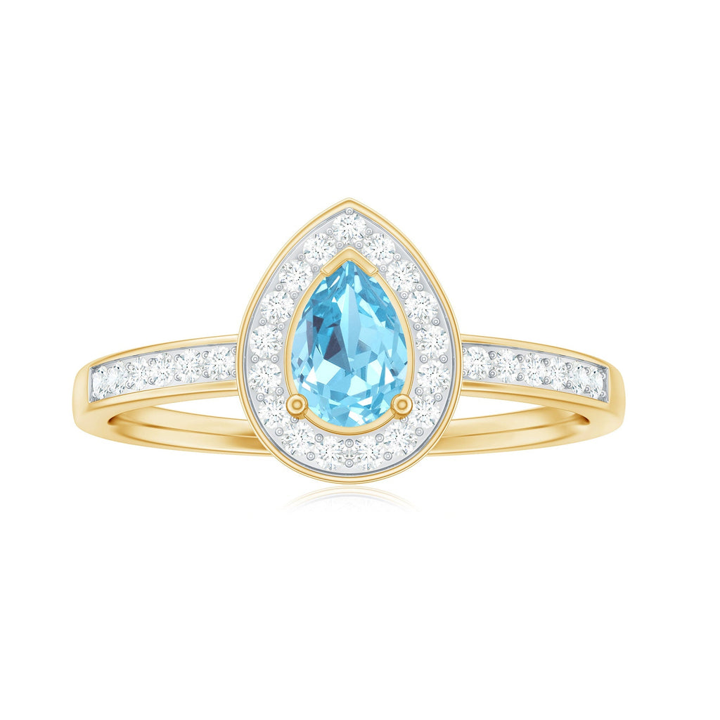 Aquamarine Engagement Ring – Pear Shape Blue Gemstone with Diamond Halo Setting